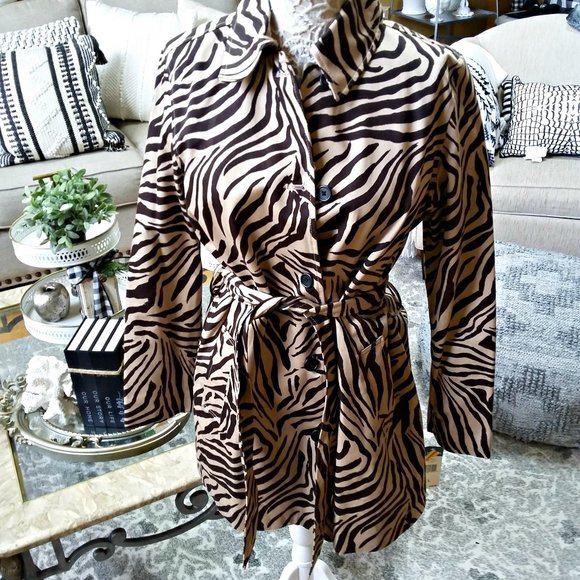 Chaps Jackets & Blazers - NEW! BEAUTIFUL Brown ZEBRA Print TRENCH COAT SZ L